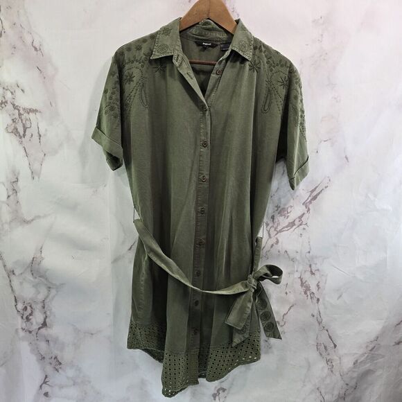 Desigual Dress Women Small Green Army Embroidered Shirt Tie Floral Military Boho - Picture 1 of 12
